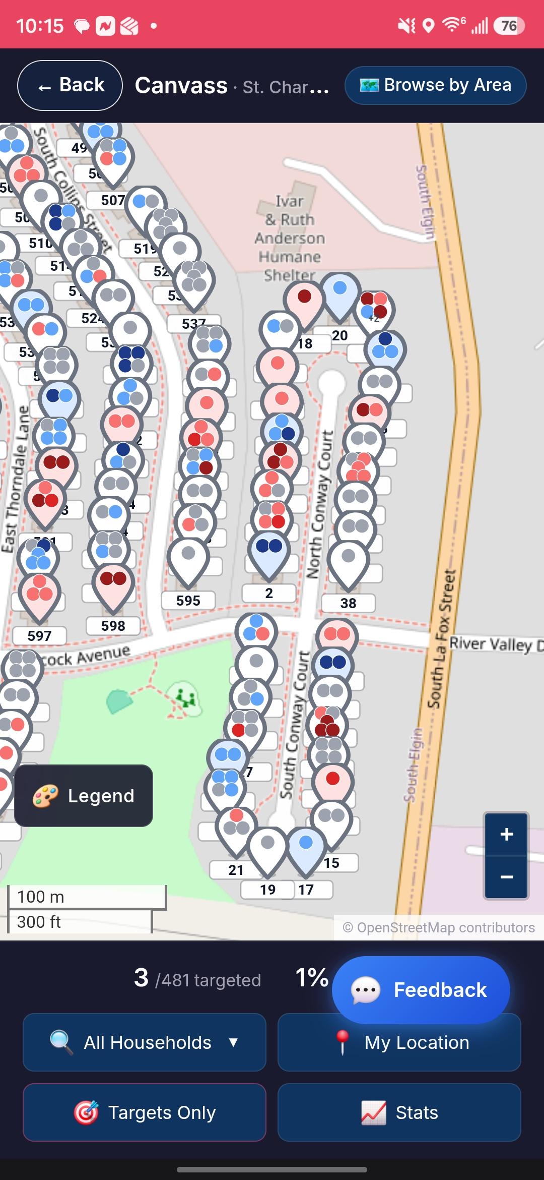 FreedomVote mobile canvassing map showing household targets, turf progress, filters, location, and statistics controls.